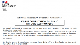 Avis MRAe 21/05/21-Carrière Biocama à Argelliers-Consultation du public par Voie Electronique